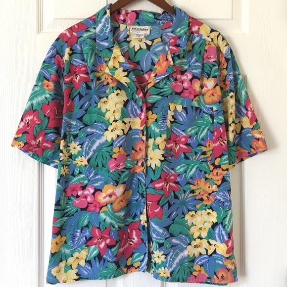 Haberdashery 90's Vintage Colorful Hawaiian Floral Short Sleeve Button Down Top - Picture 1 of 13